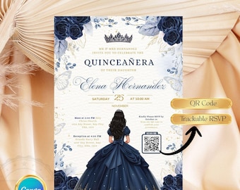 Modèle imprimable d'invitation de la princesse Quinceañera bleu marine MODÈLE MODIFIABLE Mis Coing 15 Sweet 16 Birthday Taille 5 x 7 pouces Toile avec suivi RSVP