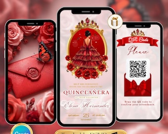 Red Quinceanera Video Invitation, Editable Animated Digital Invite for Sweet 15 Birthday Celebration, Mis Quince 15 Anos Sweet 16 Invite