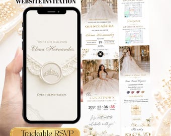 Luxury White Quinceañera Invitation Website, White Florals Mis Quince Años Digital Invite, Minimalist Elegant Editable Sweet 15 RSVP Tracker