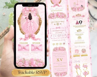 Modèle RSVP d'invitation rose bubble-gum Quinceañera, site Web d'invitation Pink Sweet 15, invitation en ligne Quinceañera, bilingue espagnol et anglais
