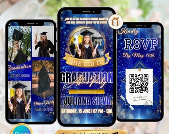 Video de invitación de graduación azul rey / Invitación a la fiesta de graduación de la clase de 2026 / Él lo hizo, ella lo hizo con plantilla editable de Canva con confirmación de asistencia rastreable