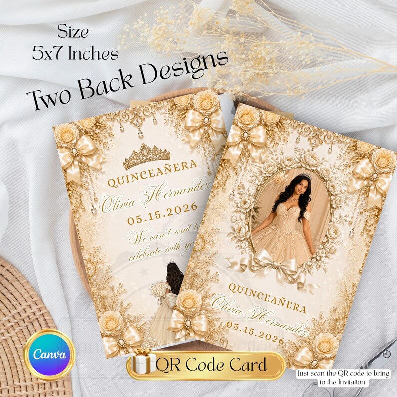 Luxury Champagne Quinceañera Website Template, Gold Ribbon Sweet 16 15 Invitation, Editable Canva RSVP Birthday Invite with Trackable RSVP