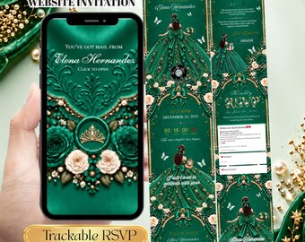 Emeral Green Gold Quinceanera Invitation Website, Elegant Green Sweet 16 & 18 Birthday Invite, Editable Template Mis Quince Anos with RSVP