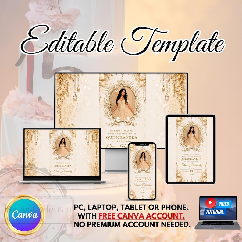 Luxury Champagne Quinceañera Website Template, Gold Ribbon Sweet 16 15 Invitation, Editable Canva RSVP Birthday Invite with Trackable RSVP