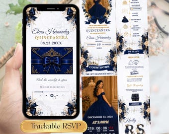 Elegant Navy Blue Quinceañera Invitation Website, Navy Gold Sweet 16 RSVP Invite, Editable Mis Quince Años Digital E-Invite Canva Template