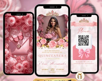 Quinceañera Digital Invitation Sweet 16 – Pink Roses 15 Años RSVP Website – Editable Canva Template Custom Birthday Video Download