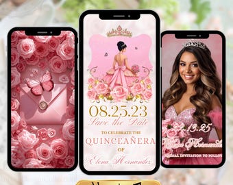 Quinceañera Save The Date Invitation Pink Roses, Digital Mis Quince Anos 15th Birthday Party Celebration Invite, DIY Editable Template