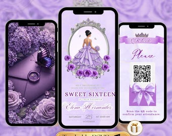 Invitación de quinceañera en color lila, morado y plateado. Plantilla de cumpleaños editable en video. Invitación digital para quinceañeras de 15 y 16 años. RSVP rastreable.