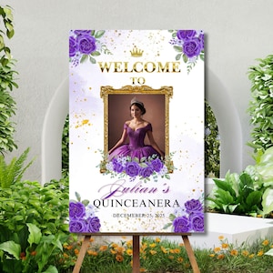 Quinceañera Purple  Welcome Sign,Sweet Sixteen, Editable Template, Personalized Welcome Board 24X36/ 20x30 /16X24 /12X18/8X12 square frame