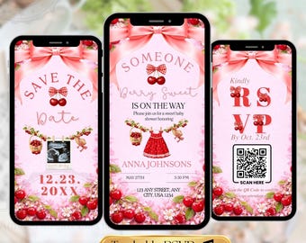 Cherry Baby Shower Invitation Video, Berry Sweet Girl Shower Animated Evite, Pink Cherry Baby Invite, Editable Canva Template Trackable RSVP