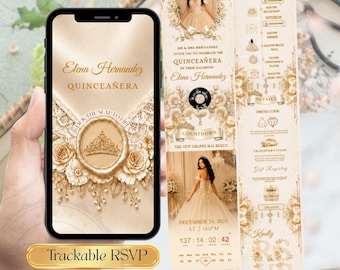 Champagne Quinceañera Invitation Website, Elegant Gold Champagne Sweet 15 Mis Quince Años Digital Invite, Editable Canva Template with RSVP