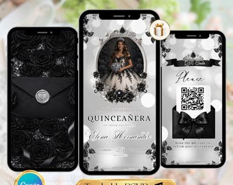 Black Silver Quinceañera Invitation Video Template, Editable Sweet 15 / Sweet 16 Animated Canva Digital Invite, Trackable RSVP & Music