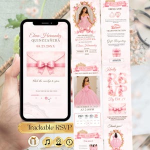 May include: A smartphone displays a quinceañera invitation with a pink bow and the text "Elena Hernandez QUINCEAÑERA". Additional panels show event details, a countdown, and RSVP information. The design features floral accents and a gold "Trackable RSVP" banner.