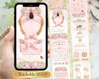 Faire-part de site Web rose et vert sauge Quinceañera, invitation modifiable de fleurs sur toile, modèle numérique Mis Quince Años Sweet 16 avec suivi RSVP