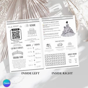 May include: A two-page quincea&ntilde;era invitation with a newspaper theme. The left page includes RSVP information, a QR code, and event details. The right page features facts about the quincea&ntilde;era, event details, and a word search.