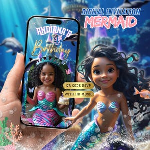 Meerjungfrau-Digital-Video-Einladung | Nachverfolgbarer Antwort-QR Code | Geburtstagsmusik | Kinder-Party einladen | Bearbeitbare digitale Einladung