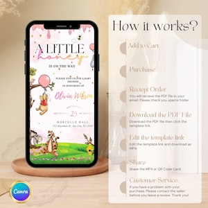 Winnie the Pooh Baby Girl Shower Invitation Animated | Pink Teddy Bear Honey Evite  | Editable Canva Digital Invite with RSVP QR Code