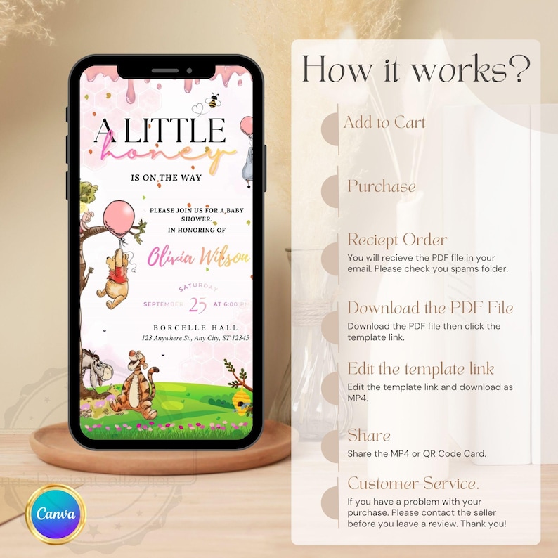 Winnie the Pooh Baby Girl Shower Invitation Animated | Pink Teddy Bear Honey Evite  | Editable Canva Digital Invite with RSVP QR Code