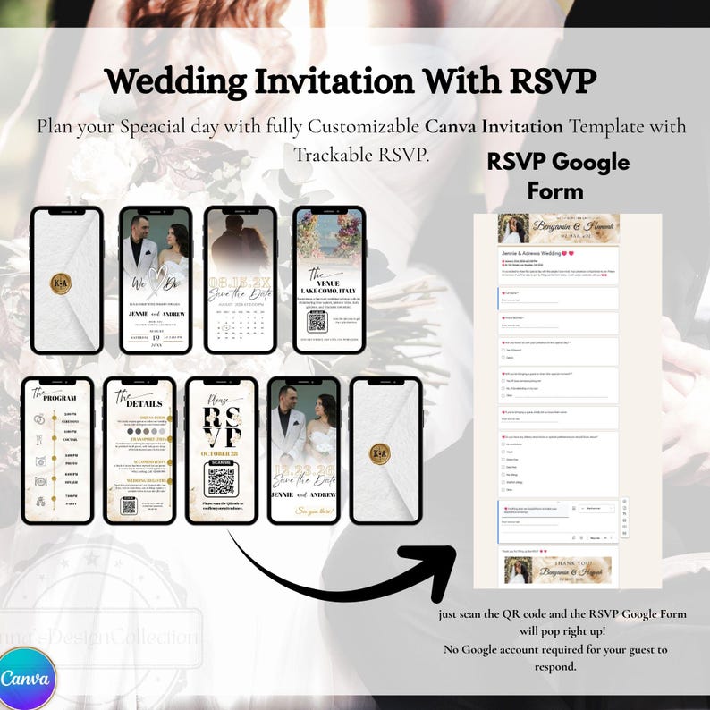 Animated Wedding Invitation Canva Template | Digital Wedding Invite with QR Code RSVP | White Rose Neutral Minimal Wedding Trackable RSVP