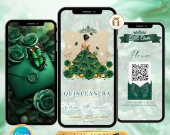 Emerald Green Quinceanera Invitation Video Editable Template Digital Quinceanera Invite for Sweet 15 & 16 Digital InviteTrackable RSVP