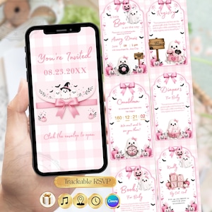 May include: A smartphone screen displaying a digital baby shower invitation with a pink gingham background, featuring ghost illustrations, pink bows, and text including You're Invited, 08.23.20XX, and Click the envelop to open, alongside a vertical layout of matching cards.