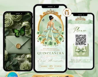 Sage Green Gold Quinceanera Invitation Video Editable Template Digital Quinceanera Invite for Sweet 15 & 16 Digital InviteTrackable RSVP