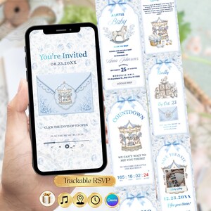Può includere: Uno smartphone mostra un invito digitale per baby shower con sfondo floreale azzurro, una grafica a giostra e testo che include You're Invited, 08.23.20XX e Click the envelop to open. Accanto, un layout verticale mostra i dettagli dell'evento.