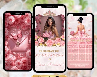 Invitación en video para guardar la fecha de quinceañera, invitación animada con rosas rosas para dulces 15, plantilla digital editable de Evite para cumpleaños de mis quince años