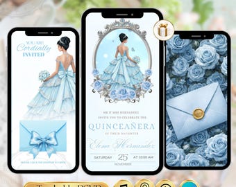 Faire-part de Quinceañera bleu clair numérique RSVP en ligne - modèle modifiable sur toile Mis Quince 15 Ans Sweet 15 Birthday, Floral Sweet 16 Invitation