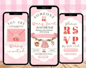 Strawberry Baby Shower Invitation Template, Berry Sweet Editable Pink Baby Shower Digital Invitation with trackable RSVP, Digital Download