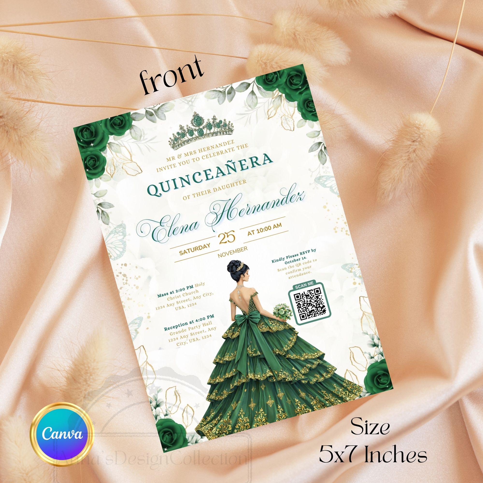 Qsmp Invitations Emerald Green Quinceanera Invitation Video Editable Template Digital ...