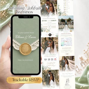 Puede incluir: Una invitación digital para sitio web de bodas en la pantalla de un teléfono inteligente con fondo verde salvia, que presenta un sello de cera dorado con las iniciales ED, borde de encaje y el texto A Love Letter From Ellena & Lucas, Open The Invitation.