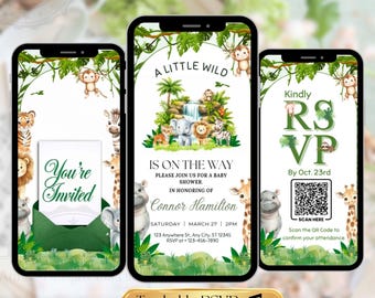 Safari Baby Shower Video Invitation, Jungle Animals Evite, Editable Canva Template with Trackable RSVP QR Code, Gender Neutral Invite