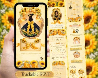Sunflower Quinceañera Invitation Website, Yellow Sweet 15 Mis Quince Años Digital Invite, Editable Canva Template with Trackable RSVP