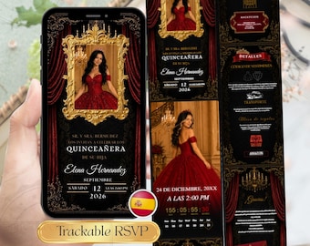 Quinceañera Burgundy & Black Gold Website Invitation, Editable Template for Sweet 15 or 16, Miss Quince Anos Birthday Invite Spanish Version