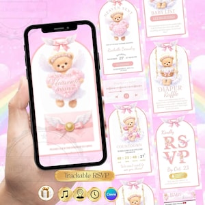 May include: A smartphone displays a baby shower invitation design with a teddy bear angel holding a heart. The design includes the text "Heavenly Invited" and "Trackable RSVP". Other cards with similar designs are also visible.