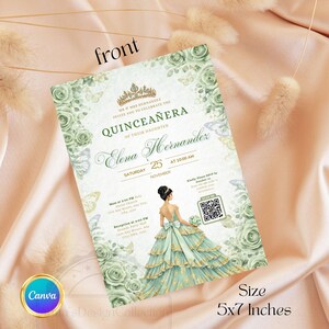 Sage Green Quinceanera Digital Invitation, Editable Template for 15th Birthday, Instant Download Floral Design Sweet 15 Invite RSVP Online