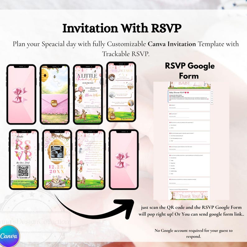 Winnie the Pooh Baby Girl Shower Invitation Animated | Pink Teddy Bear Honey Evite  | Editable Canva Digital Invite with RSVP QR Code