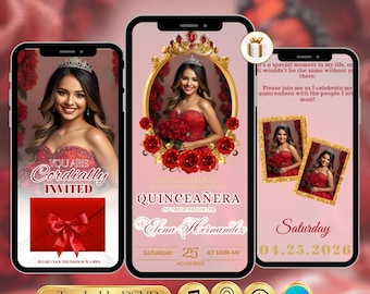 May include: Digital quinceañera invitation design on three smartphones. The design features a young woman in a red dress, a tiara, and roses. The invitation includes the text "You are Cordially Invited" and "Quinceañera".