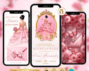 Quinceanera Pink RSVP Website | Pink Quince Sweet 16 invitation, Editable Mis Quince Anos 15th Birthday Digital Quinceañera Invitation