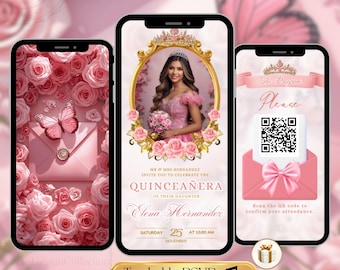 Rosa Quinceanera Inbjudan Ros Quinceañera Digital Sweet 16 Inbjudan 15 Años Födelsedag OSA QR-kod Redigerbar Canva Mall