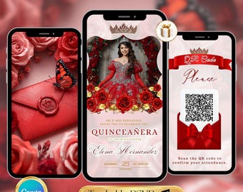Red Quinceanera Invitation Video Editable Red Birthday Template Digital Quinceanera Invite for Sweet 15 & 16 Digital InviteTrackable RSVP
