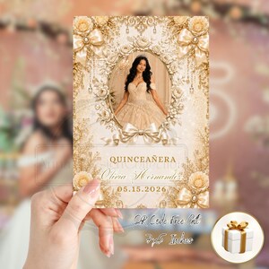 Champagne Coquette Bow Quinceañera Invite, Sweet 16 Trackable RSVP Website, Editable Canva Template, Gold Ribbon Digital Birthday Invitation