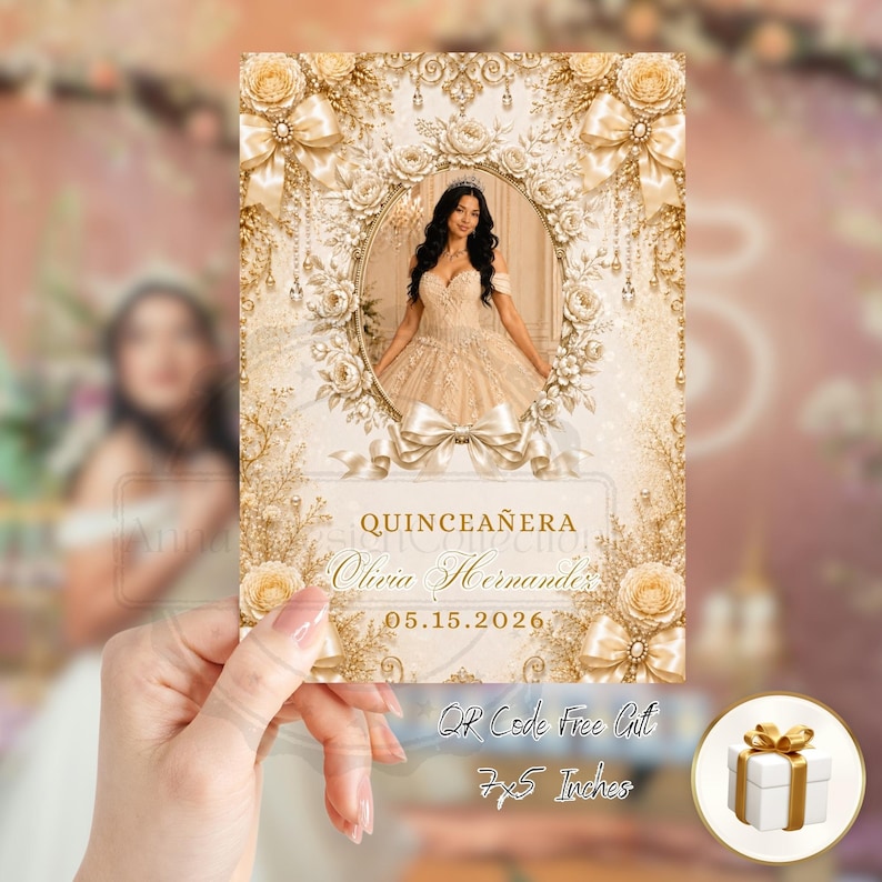 Champagne Coquette Bow Quinceañera Invite, Sweet 16 Trackable RSVP Website, Editable Canva Template, Gold Ribbon Digital Birthday Invitation