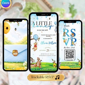 May include: Three smartphones displaying baby shower invitations. The central phone shows "A Little Honey is on the Way" with Winnie the Pooh characters. The left phone shows a honey pot and bee. The right phone has an RSVP design with a QR code.