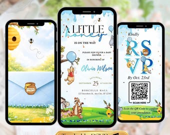 Winnie the Pooh Baby Shower Animated Invitation  | Digital Evite with RSVP QRCode | Editable Teddy Bear Honey Invite for Baby Boy Gender