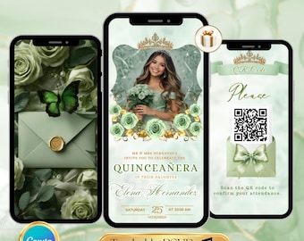 Sage Green Quinceanera Invitation Video, Digital Animated Template for Sweet 15 RSVP, Canva Editable Birthday Sweet 16 Digital Invite