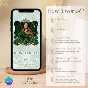 Emerald Green Quinceanera Invitation Video Editable Template Digital Quinceanera Invite for Sweet 15 & 16 Digital InviteTrackable RSVP