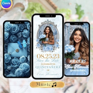 Puede incluir: Tres pantallas de smartphone que muestran invitaciones de quinceañera. La pantalla central muestra a una mujer con un vestido azul sosteniendo flores, con el texto "08.25.23 Save the Date". Las otras pantallas presentan diseños similares con elementos florales y mariposas.