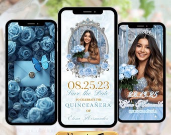 Guarde la fecha Invitación en video de Quinceañera – Invitación animada Light Blue Sweet 15 / Mis Quince Años Editable Digital Evite